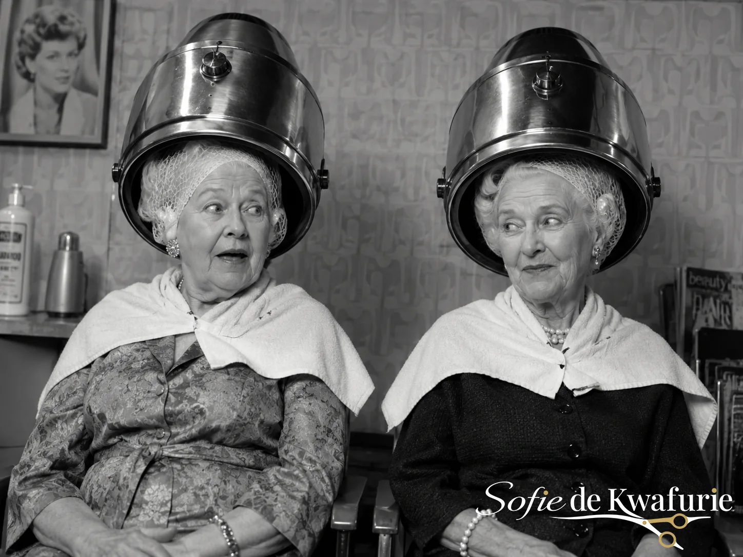Zwart-witbeeld van twee dames onder klassieke droogkappen in een kapsalon